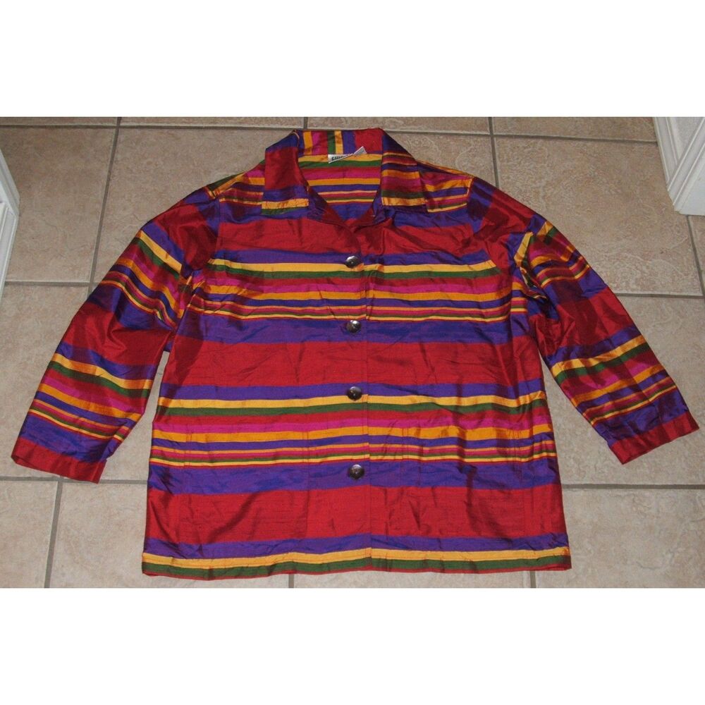 CHICOS Vintage Colorful Sz 2 (or sz Large) Lightweight Silk Shirt Jacket Pockets